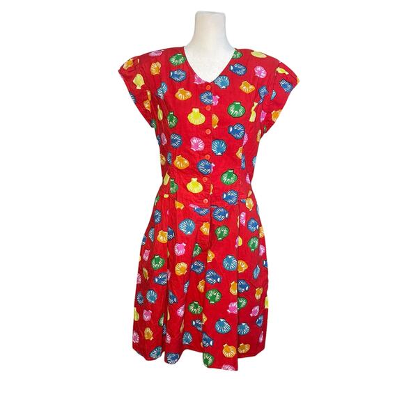 Access Colorful Red Seashell Print Cotton Romper Women's Medium Vintage Culottes - Picture 1 of 12